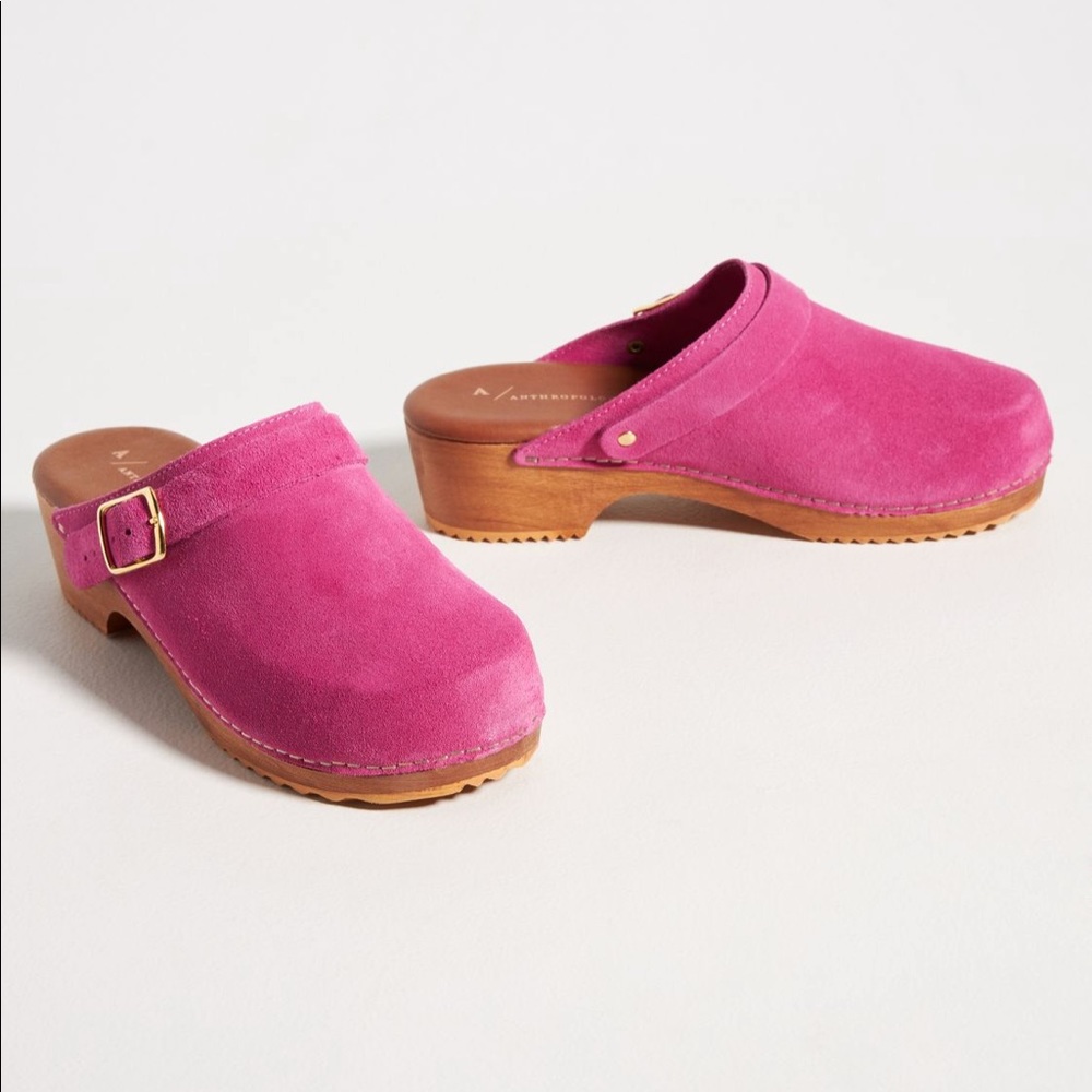 Anthropologie pink suede clogs with wooden sole